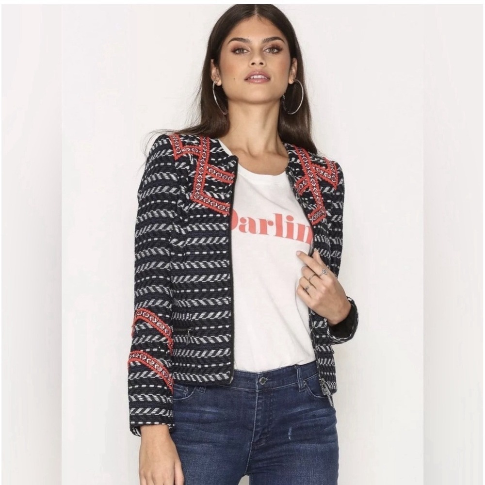 Rebecca Minkoff Hawks Tweed Embroidered Moto Jacket Cropped Zip Sz 6